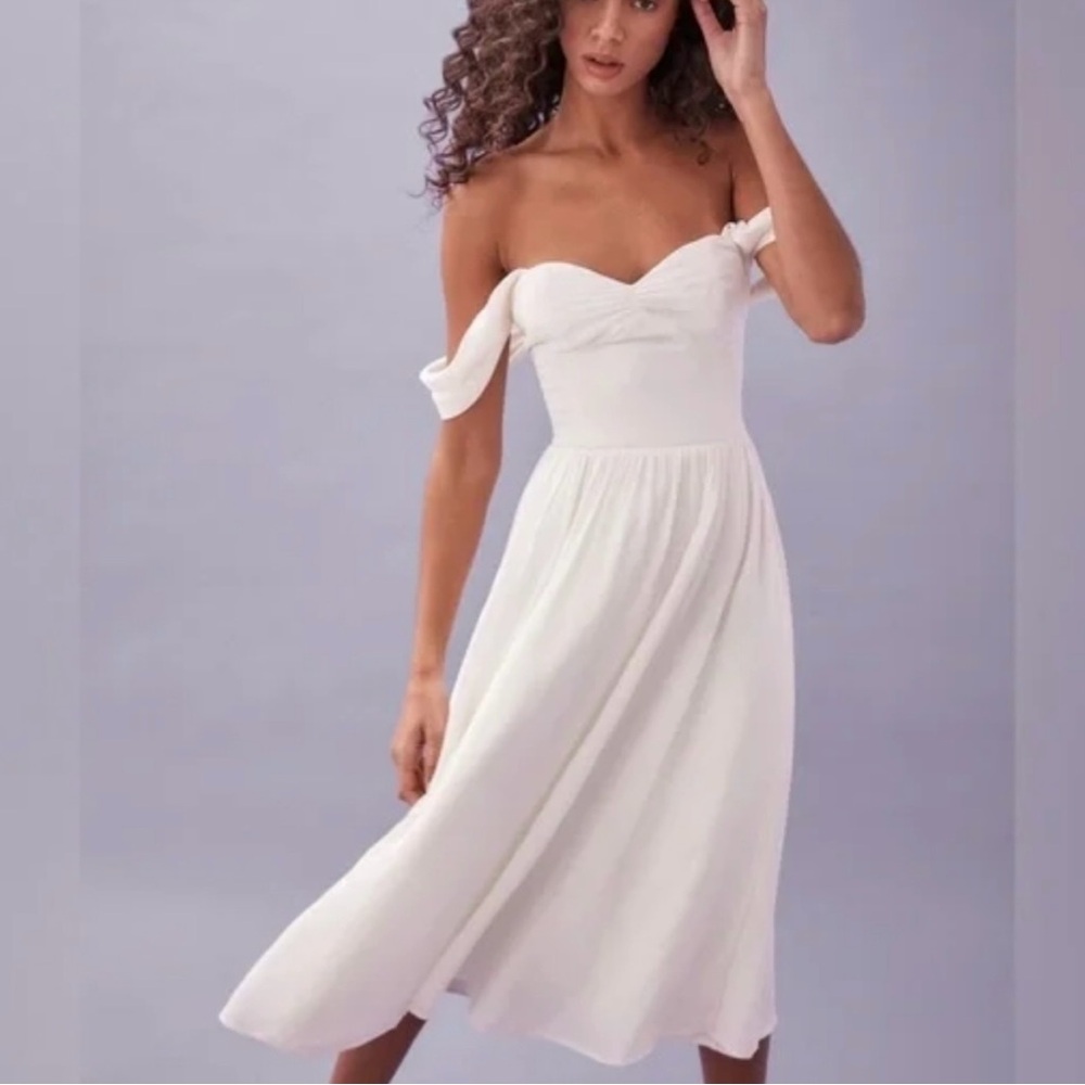 Reformation White Off-Shoulder Midi Dress